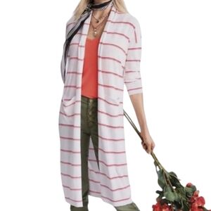 Cabi Stroll Long Cardigan Sweater Duster Orange Stripe White Knit Coastal Sz M